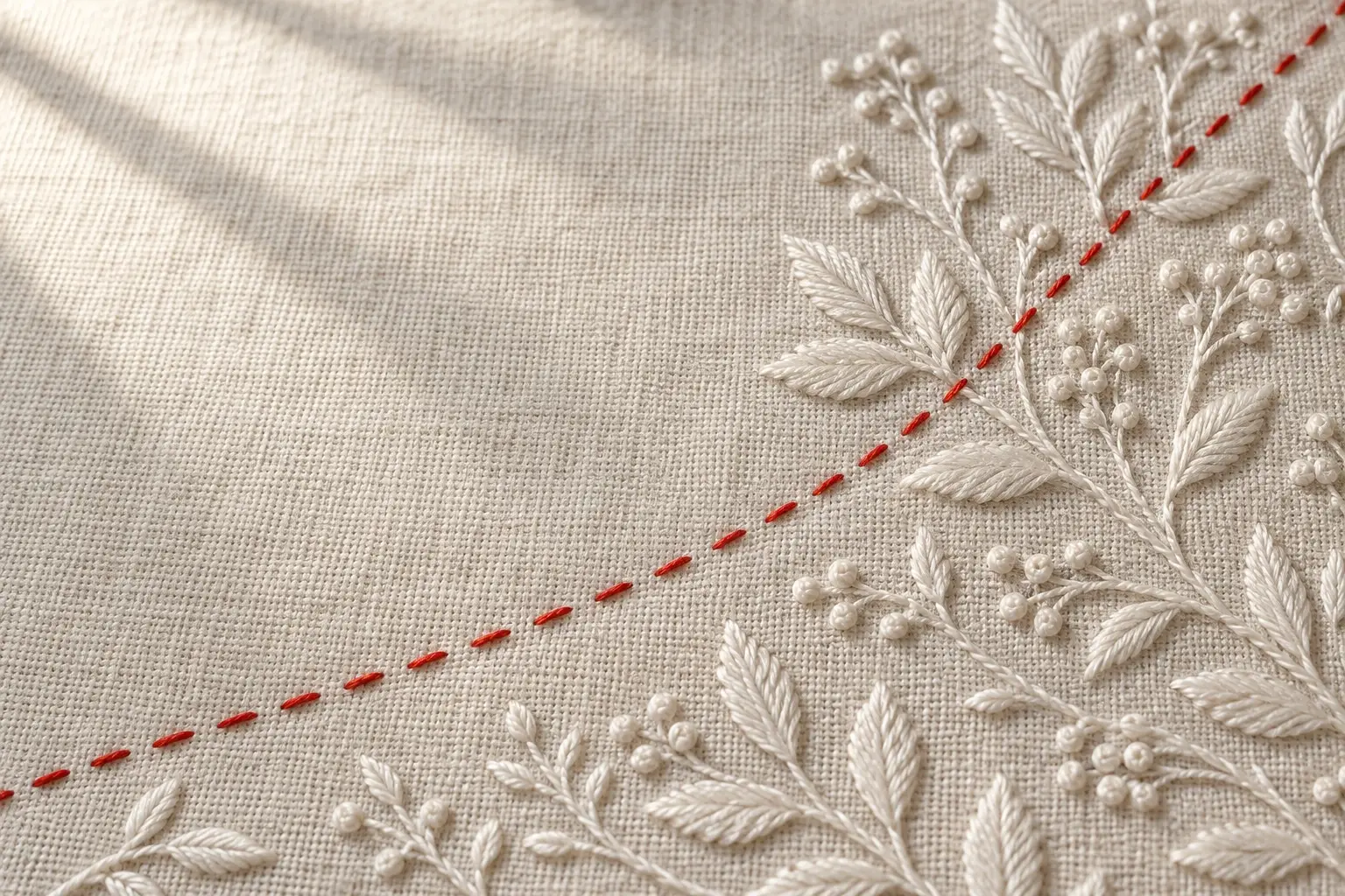 Lin naturel brodé de feuilles blanches, traversé par un point lancé en fil rouge.