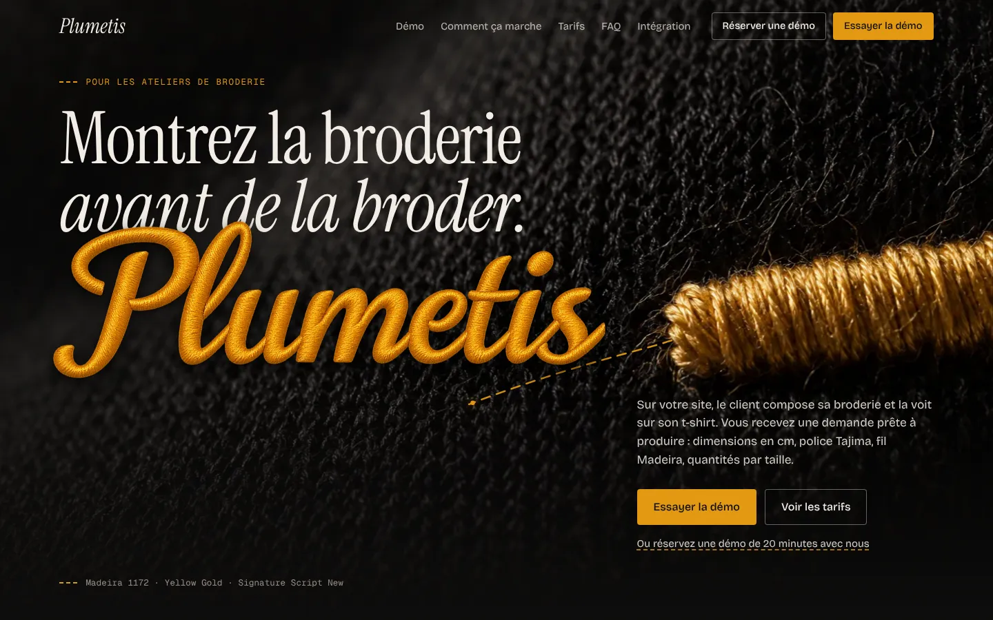 Accueil du site de vente de Plumetis : titre « Montrez la broderie avant de la broder » sur jersey noir, mot Plumetis brodé en fil doré.
